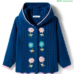 Babyoye Knitted Full Sleeves Hooded Front Open Sweater With Floral Embroidery - Navy Blue-picture-15