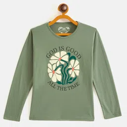 Fort Divine Cotton Knit Full Sleeves Floral Printed Girls Tee - Green-picture-22
