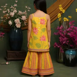 Saka Designs By Sapna Cotton Woven Sleeveless Floral Printed & Gota Lace Embellished Kurti Sharara Set - Yellow image 3