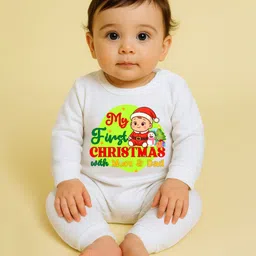 The Peppy Tend 100% Cotton Knit Christmas Theme Full Sleeves My First Christmas With Mom & Dad Text Printed Romper - White image 4