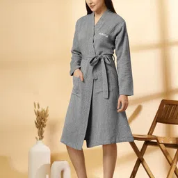 KLOTTHE Checked Pure Cotton Bath Robe With Belt image 2