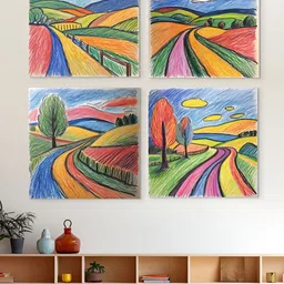 nestroots Blue & Yellow 4 Pieces Serene Path Through Lush Landscape Canvas Wall Art-picture-41