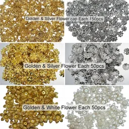 shree artncraft 6 type of Flower Beads combo pack of total 500pcs White, Silver, Golden Beads-picture-33