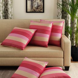 SWAYAM Pink & Cream-Coloured Set of 5 Striped 16" x 16" Square Cushion Covers-image-1