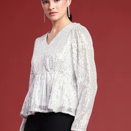 all about you Sequinned Stripes Embellished V-Neck Gathered or Pleated Party Top image 2