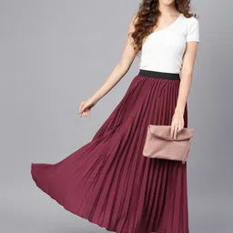 SASSAFRAS Burgundy Accordian Pleat Maxi Flared Skirt-image-98