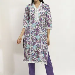 Rangriti Women Floral Printed Regular Pure Cotton Kurta with Trousers-image-34