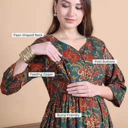 Secret Wish Women Floral Printed Pure Cotton Maternity Kurta & Trousers With Dupatta image 2