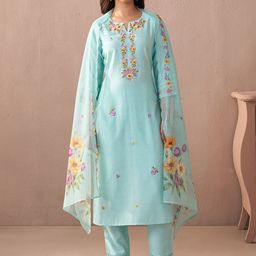 Indo Era Floral Embroidered Notch Neck Straight Kurta With Trouser And Dupatta-picture-46