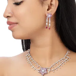 VELVET IMPERIAL Silver-Plated Artificial Stones Studded Necklace With Earrings-picture-21