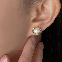 KRENOZ Gold-Plated Pearls Studded Circular Shaped Textured Rim Studs image 5
