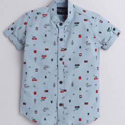 Polka Tots Christmas Theme Half Sleeves All Over Christmas Gift Elements & Snowflake Printed Shirt - Blue-picture-4