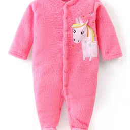 Babyhug Velour Knit Full Sleeves Sleep Suit With Unicorn Applique - Fuchsia-image-56
