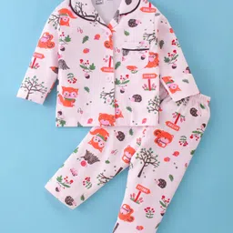 Little Darlings Cotton Knit Full Sleeves Night Suit With Autumn Forest Print - Light Pink-picture-25