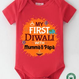 BLUSHES Diwali Theme 100% Cotton Half Sleeves My First Diwali With Mumma & Papa Text Printed Onesie - Red-picture-49