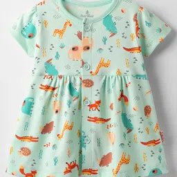 Child World Interlock Knit Half Sleeves Front Open Frock with Jungle Theme Print - Turquoise-picture-14
