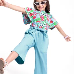 Ollington St. Cotton Knit Short SleevesTop & Culottes Set with Good Day Print - Sky Blue & Green-picture-26