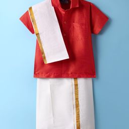 Dapper Dudes Cotton Silk Woven Half Sleeves Solid Shirt With Placement Foil Striped Mundu & Angavastram Set - Orange-picture-40