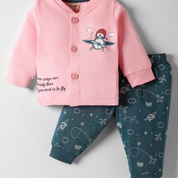 CUCUMBER Interlock Knit Full Sleeves Front Open Aeroplane Printed Night Suit - Pink & Teal Blue-picture-30
