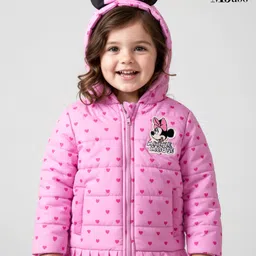Babyhug Disney Woven Full Sleeves Hooded Winter Jacket With Minnie & Friends Graphics & Ear Bow Applique - Pink-image-63