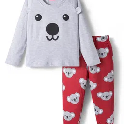 Babyhug Cotton Knit Full Sleeves Night Suit with Bear Print & Ear Applique - Grey-picture-22