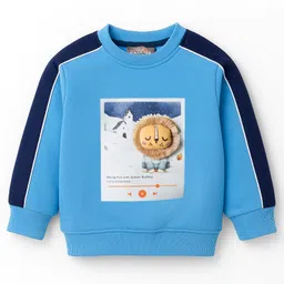 Little Kangaroos Fleece Knit Full Sleeves Winter Wear Sweatshirt & Joggers Set With Animal Applique & Text Print - Light Blue image 2