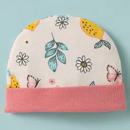 Ben Benny 100% Cotton Knit Cap Mitten & Booties Set with Tropical Print White & Pink - Diameter 11 cm image 3