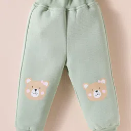Little Kangaroos Fur Woven Full Sleeves Winter Wear T-Shirt & Joggers Set with Bear & Polka Dot Print & Patch - Light Green image 4
