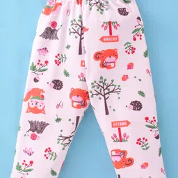 Little Darlings Cotton Knit Full Sleeves Night Suit With Autumn Forest Print - Light Pink image 5