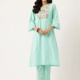 MISRI Floral Embroidered Regular Pure Cotton Kurta with Trousers-image-19