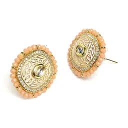 Moedbuille Gold-Plated Peach-Coloured & White Kundan & Onyx-Studded & Beaded Hand Painted Meenakri Jewellery Set image 4