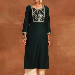 Indo Era Green Embroidered A Line Kurta-image-42