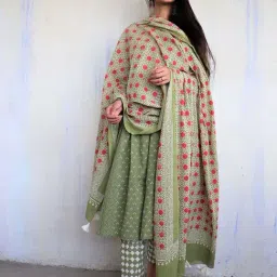 Chidiyaa Olive Green Pure Cotton Blockprinted Ajooni Dupatta-picture-21