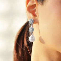 Rubans Rhodium-Plated Crystals Studded And Pearls Beaded Contemporary Drop Earrings image 3