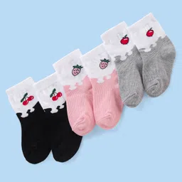 Cute Walk By Babyhug Antibacterial Socks With Cherry & Strawberry Print Pack Of 3 - Pink Black & Grey-picture-23