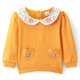 Babyhug Cotton Knit Full Sleeves Peter Pan Collar Sweatshirt With Polka Dots & Floral Print - Yellow-picture-11