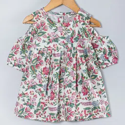 Hugsntugs Cold Shoulder Half Sleeves Floral Printed Top - Off White-picture-26