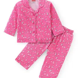 Babyhug Cotton Knit Full Sleeves Collar Neck Night Suit with Floral Print - Pink-picture-17
