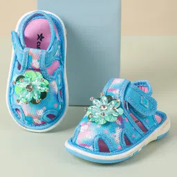 Cute Walk by Babyhug Velcro Closure Casual Shoes with Stone Floral Applique - Light Blue-image-1