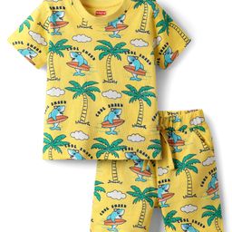 Babyhug Cotton Knit Half Sleeves Co-ords Shorts Night Suit With Beach Theme Print - Yellow-picture-37