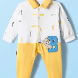 Child World Interlock Knit Full Sleeves Printed Romper With Teddy Bear Patch - Gold & White-picture-25