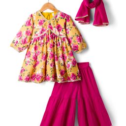Babyhug Cambric Woven Full Sleeves Kurti Palazzo & Dupatta Set With Floral Print - Yellow & Pink-picture-35