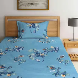 FABINALIV Floral 210 TC Cotton Blend Single Bedsheet with Pillow Cover - Blue image 2