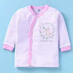 Zero Interlock Knit Full Sleeves Front Open Night Suit With Stripes & Bunny Print - Pink image 2