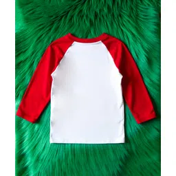 KNITROOT Cotton Knit Christmas Theme Full Raglan Sleeves Santa Is Coming To Town Text Printed Tee - Red & White image 3