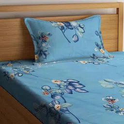FABINALIV Floral 210 TC Cotton Blend Single Bedsheet with Pillow Cover - Blue image 3