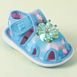 Cute Walk by Babyhug Velcro Closure Casual Shoes with Stone Floral Applique - Light Blue image 3