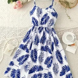 White World Girls Tropical Print Shoulder Straps Fit & Flare Dress-picture-23