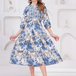 HIGHLIGHT FASHION EXPORT Women Puff Sleeves Fit & Flare Midi Dress-image-17