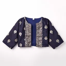 Enfance Full Sleeves Stone & Sequins Embellished Floral Embroidered & Foil Printed Knee Length Dress With Jacket - Blue image 5